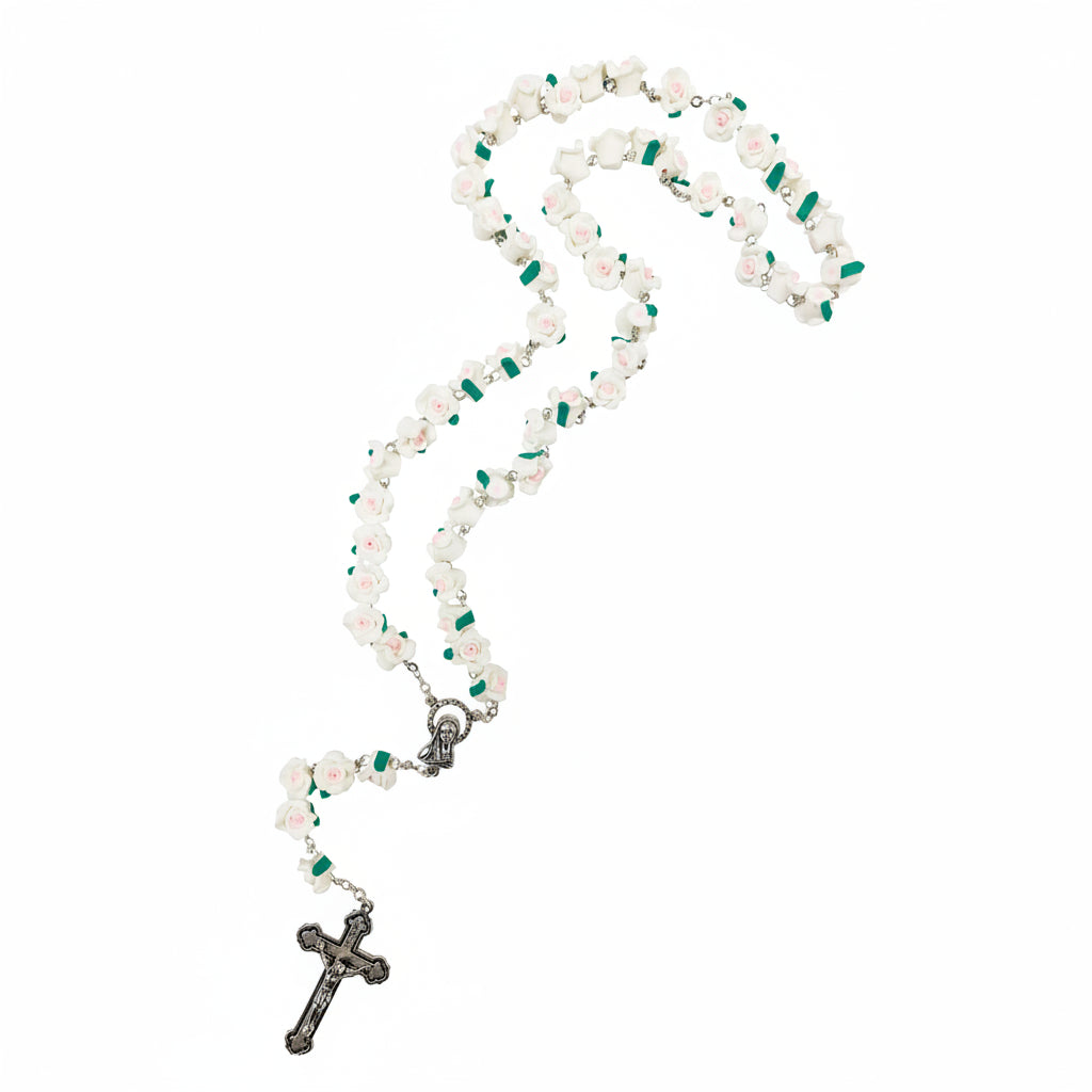 White rose bead rosary crucifix Jerusalem Cross Holy Land prayer card - Marina Jewelry