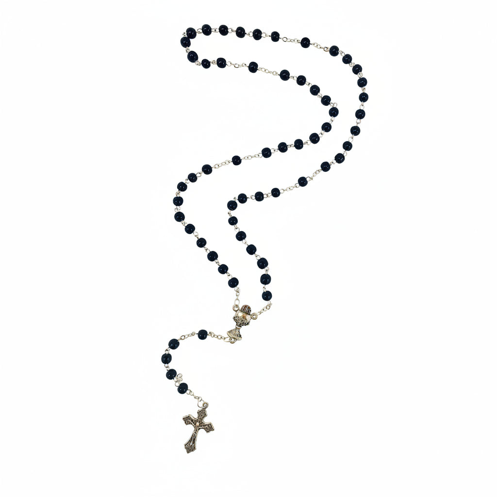 Black glass bead rosary First Communion crucifix Holy Land - Marina Jewelry