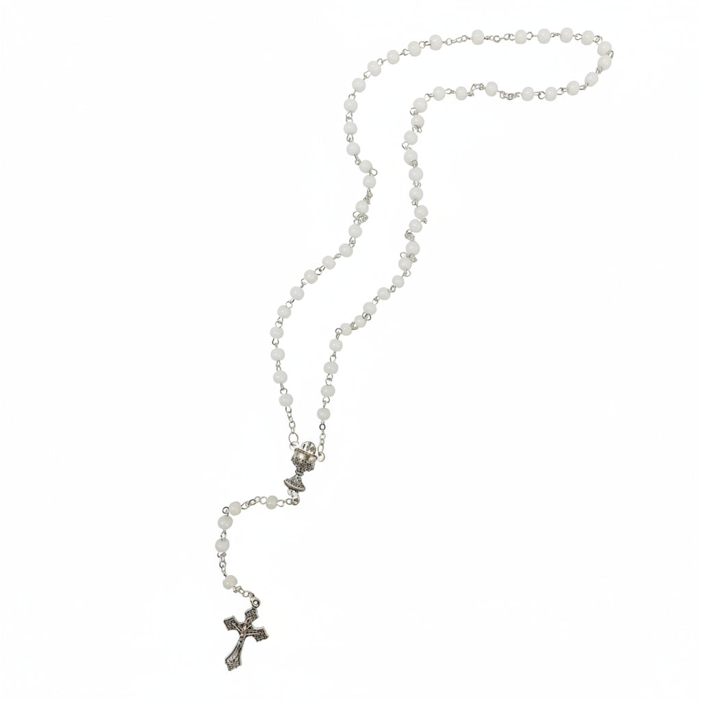 White glass bead rosary First Communion crucifix Holy Land prayer card - Marina Jewelry