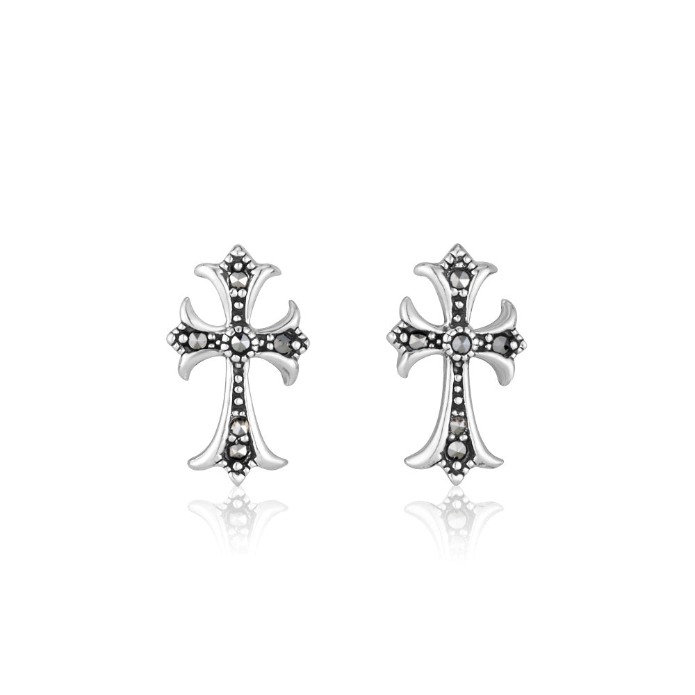 Marcasite Gothic Cross Stud Earrings - Sterling Silver - Marina Jewelry Holy Land