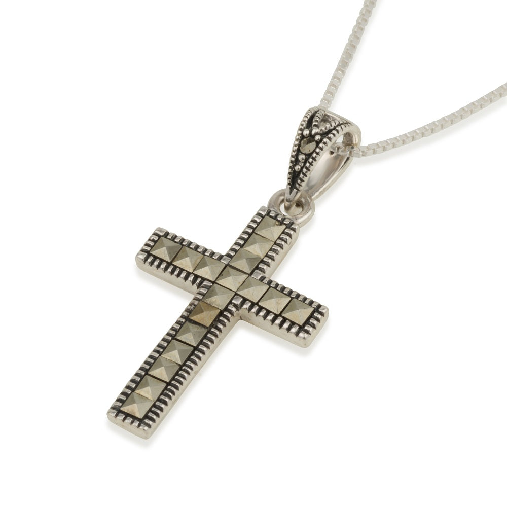 Cross Pendant Marcasite Marquise Sterling Silver Holy Land - Marina Jewelry