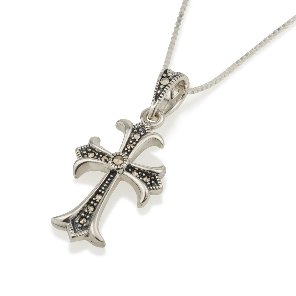 Ornate Gothic Fleur Cross Pendant Marcasite Sterling Silver Holy Land - Marina Jewelry