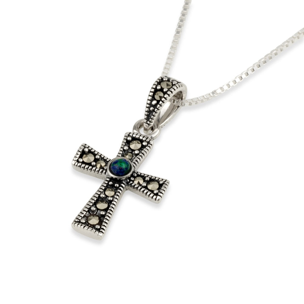 Eilat Stone Marcasite Cross Pendant Necklace - Sterling Silver 925, Holy Land - Marina Jewelry Holy Land