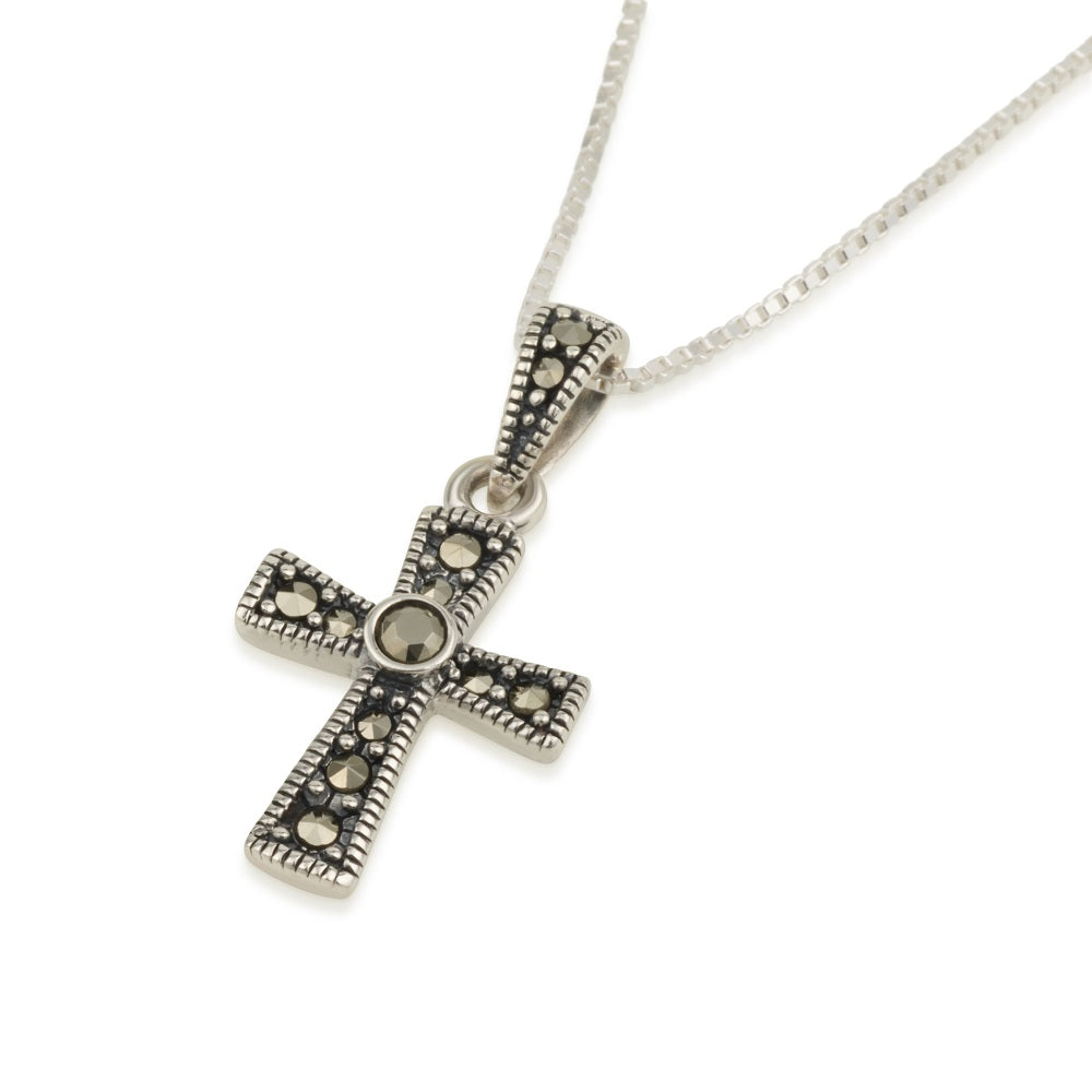 Compact Cross Pendant Marcasite Marquise Sterling Silver Holy Land - Marina Jewelry