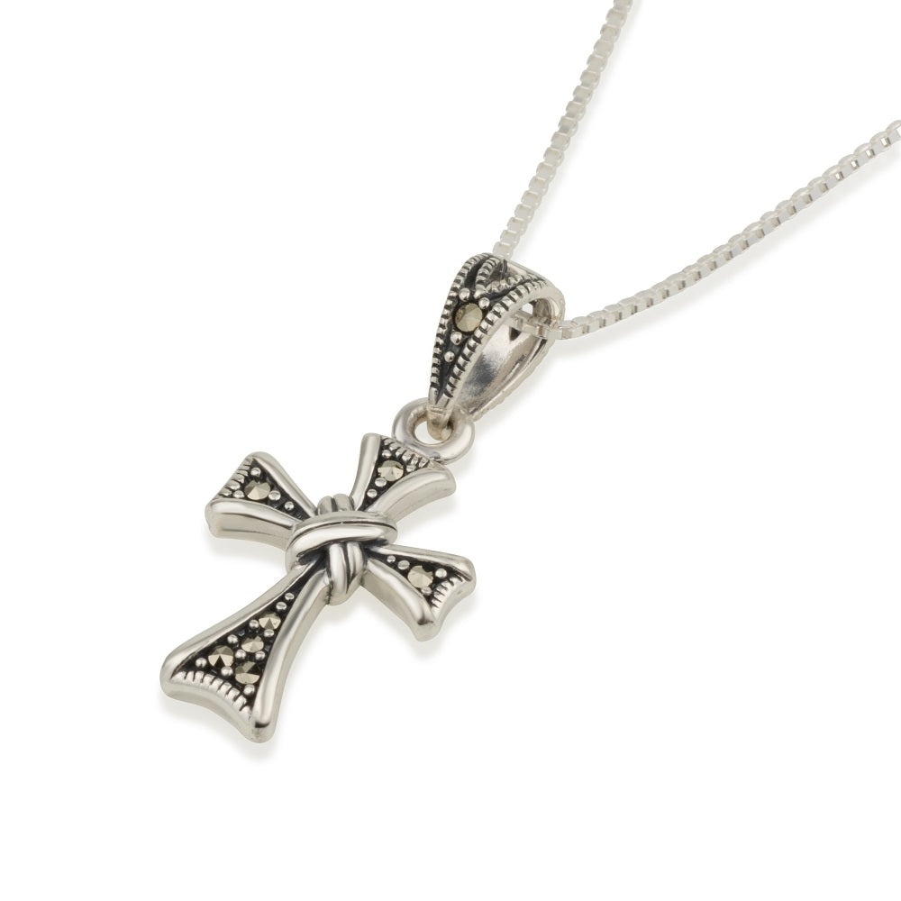 Cross Pendant Marcasite Tapered Arms Sterling Silver Holy Land - Marina Jewelry