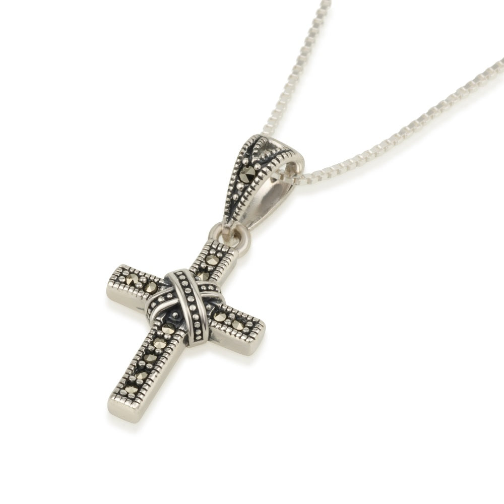 Mini Cross Pendant Marcasite Sterling Silver Holy Land - Marina Jewelry