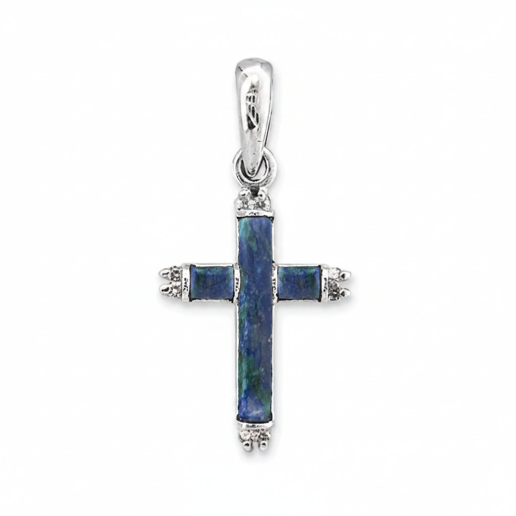 Eilat Stone Marcasite Bar Cross Pendant Necklace - Sterling Silver 925, Holy Land - Marina Jewelry Holy Land