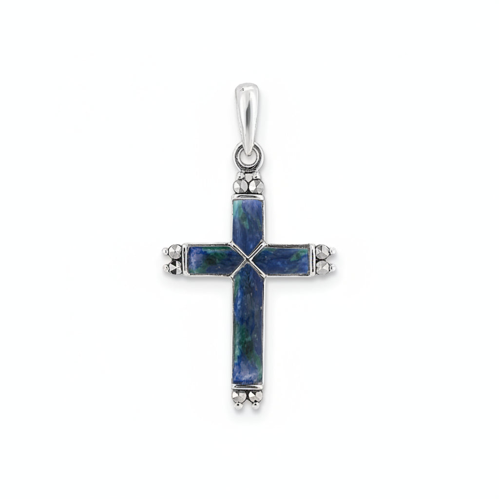 Eilat Stone Marcasite Bar Cross Pendant Large - Sterling Silver 925, Holy Land - Marina Jewelry Holy Land