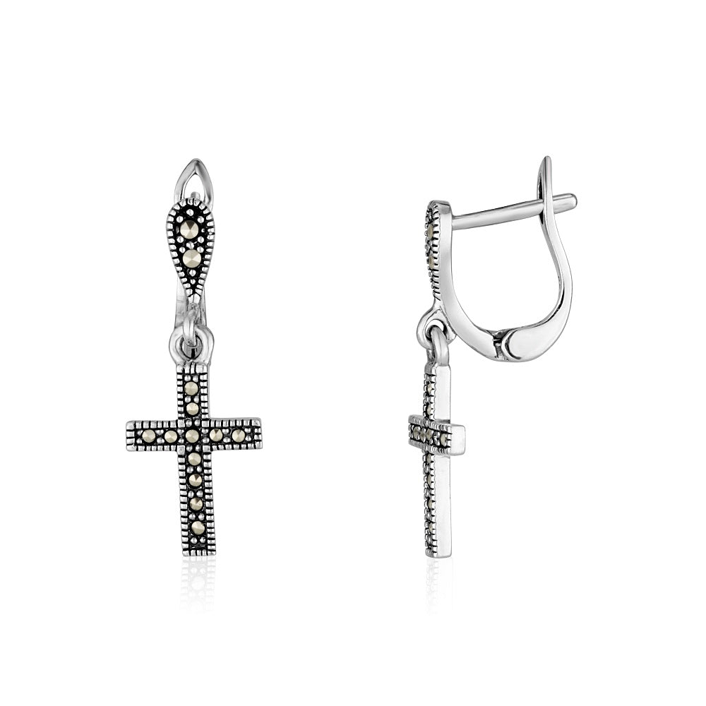 Marcasite Cross Drop Earrings Sterling Silver Holy Land — Marina Jewelry
